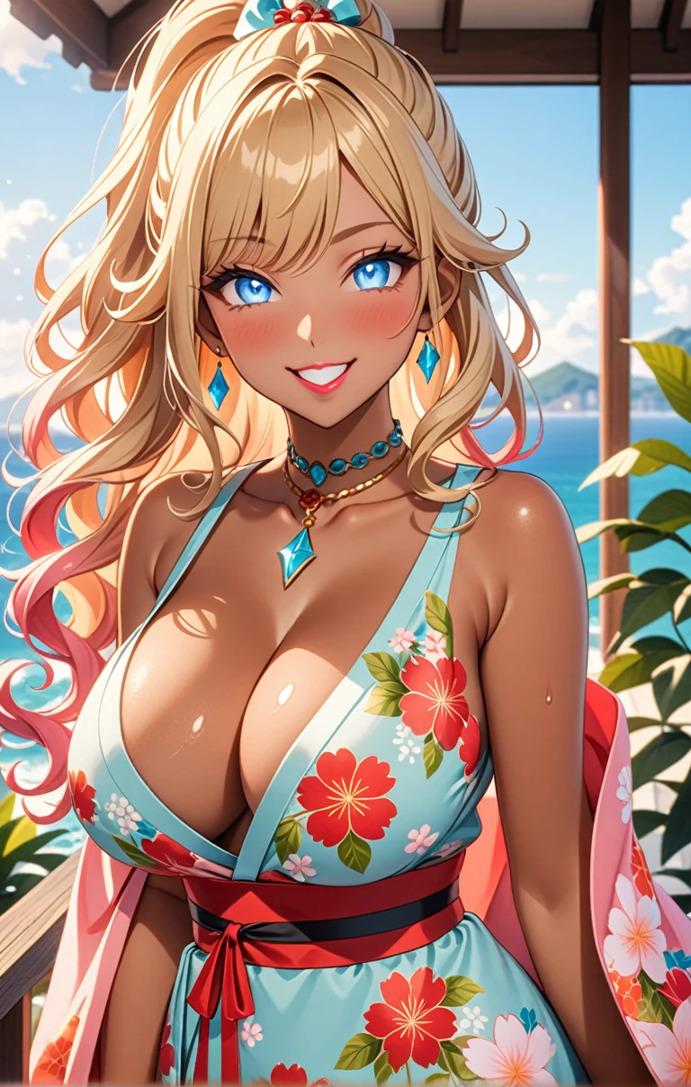 ultra-detailed, ((one girl)), (portrait), ((tan skin:1.3)), in pastel colors gyaru, (heavy makeup), hyper detailed, absurdres, 8K, Beautiful Face, (Spotlight in front of your face), (Laugh shyly), ((teasing smile)), ((sweat)), ((Wink:1.5)), (Laugh with your mouth wide open),((Tilt your face:1.6)), View your viewers, ((Bright red cheeks:1.6)),Glossy Red Lips, ((huge breasts:1.4)), ((undressing:1.2)),noon, summer, Terrace with sea view,Foliage plant, ((Anime style background)),masterpiece, Highest quality, so beautiful,Latest, Complex details, ((Long neon pink nails)), (nail art), (ring),(bracelet), (Floral Choker),AI-generated, Complex,High resolution, Highest quality, super high quality,3D Images、3D Images,One person,Blonde long hair,(High Ponytail), (wavy hair:1.3), Blonde anime woman posing for a photo, ((Fine grain、blue eyes、glowing eyes:1.4)), (Squint your eyes:1.1),a hyperRealistic , hyperRealistic , Realistic,Anime woman with long pastel yellow hair, Smooth anime CG art, A girl in a gorgeous pastel-colored kimono, ((Pastel-colored furisode)),(Pink large floral pattern), (side boob), Long flower hair ornament,big hoop earrings, Mature Body, tall,Narrow waist,((looking forward:1.3)), ((hand between legs:1.3)), from side, ((upper body)),