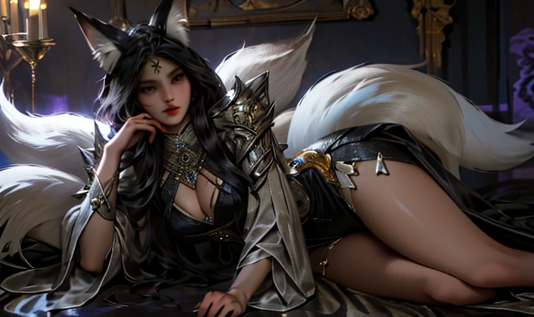 1 girl, alone, (dramatic, rough, intense:1.4),masterpiece, highest quality, 32k uh, insane details, intricate details, very detailed, hyper quality, high detail, super detailed, masterpiece, A prostitute sitting on a bed in a dark room, purple flame and black swirl, Sensational costumes, (9fox tail:1.3), elaborate costumes, full body photo, fox tail, fox tail:0.8>