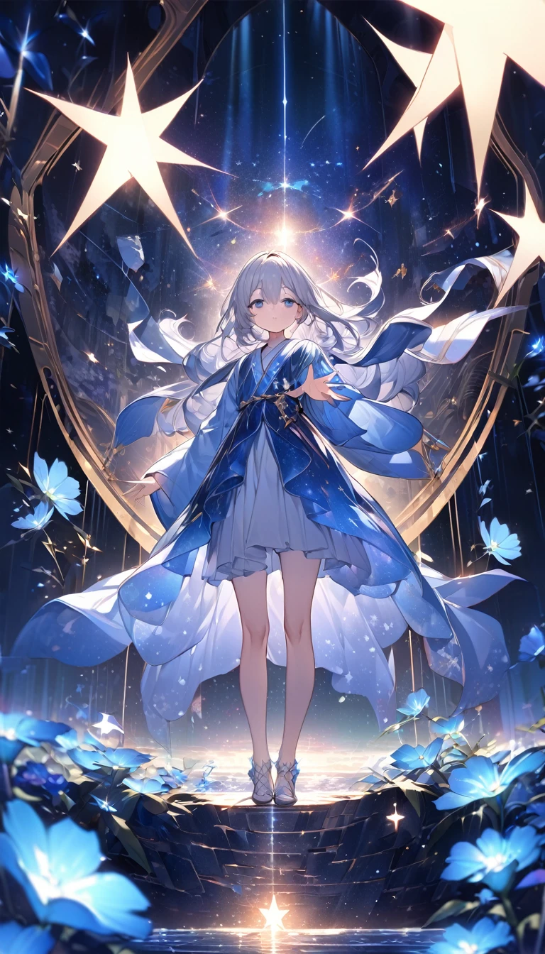 Highest quality,masterpiece,Detailed Details,Super detailed,colorful,The background is the deep blue sea,Transparency,Use HDR technology to create a sense of depth,beautiful,beautiful自然,10 year old girl,Alone,Wearing starry wizard robes,Stand in the center of the screen,The whole body faces this way,Look diagonally forward to the left,Put your right hand forward in a three-dimensional way,A star-like light from the right,Light magic from the right hand,Narrow and gentle eyes,mysterious,Silver hair decorated with blue flowers,Fantasy atmosphere,beautiful虹色の蝶々is flying in the air