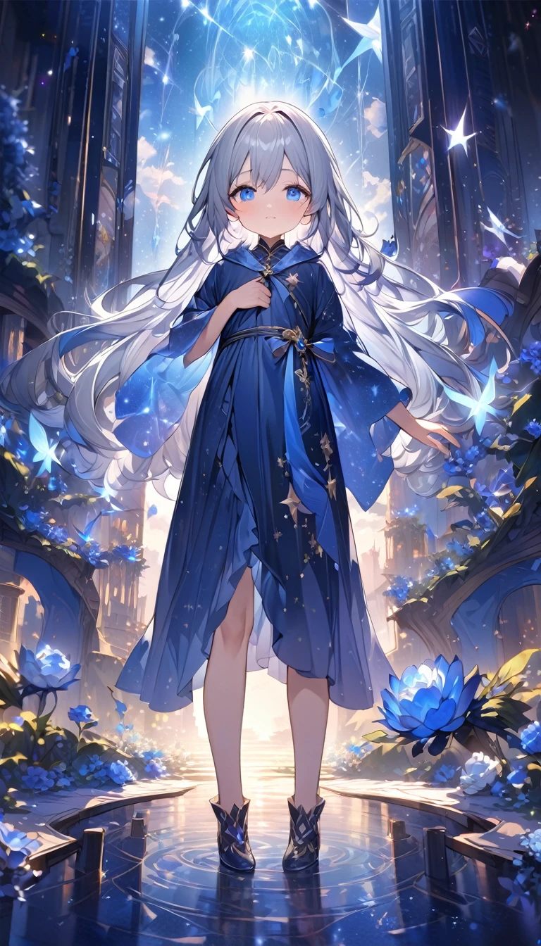 Highest quality,masterpiece,Detailed Details,Super detailed,colorful,The background is the deep blue sea,Transparency,Use HDR technology to create a sense of depth,beautiful,beautiful自然,10 year old girl,Alone,Wearing starry wizard robes,Stand in the center of the screen,The whole body faces this way,Look diagonally forward to the left,Put your right hand forward in a three-dimensional way,A star-like light from the right,Light magic from the right hand,Narrow and gentle eyes,mysterious,Silver hair decorated with blue flowers,Fantasy atmosphere,beautiful虹色の蝶々is flying in the air
