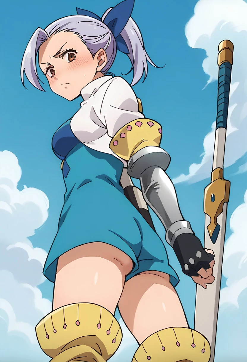 score_9, score_8_up, score_7_up, source_anime, masterpiece, jericho7, 1girl, lavender hair, hair bow, cropped jacket, blue dress, gauntlets, fingerless gloves, thigh boots, weapon on back, sky, blue sky, arms behind back, from below, blush, looking at viewer 