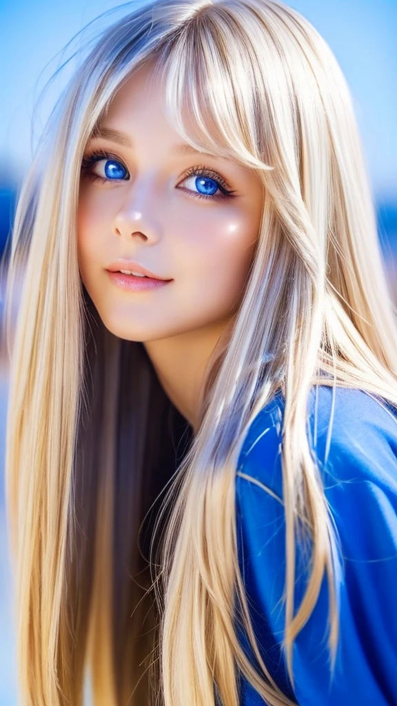 Very beautiful face、Super Long Hair、windy silky blonde super long hair、Swinging bangs、19 year old cute sexy blue eyed blonde girl、Hair above the eyes、片Hair above the eyes、Hair between the eyes、Big bright blue eyes that sparkle so beautifully、eyeliner、Bright expression、