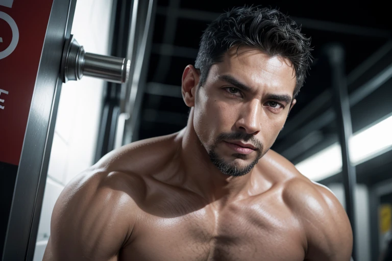Masterpiece, Best Quality, ultra detailed, 1 man, mature male, muscular, piece, only, sportsman, beef, black skin, negro, tanned skin, latino, 41 years old, black fur, gray fur, goatee, too short hair, looking at the viewer, serious expression, Gray shirt, half body shot, science fiction subway background, whole body , male naked penis, graduation lenses, bubis mediano
