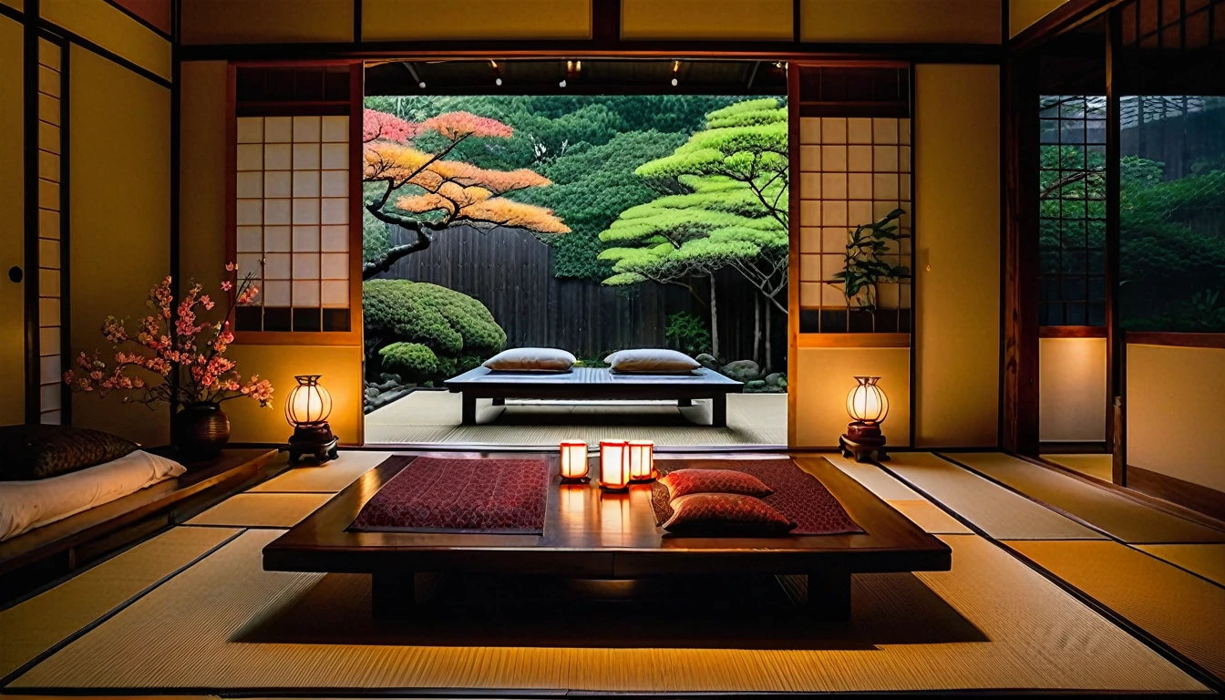 The picture shows a cozy Japanese bedroom with large windows offering views of a beautiful, dimly lit garden AND a garden filled with FLOWERS. CINEMATIC, gloomy, cloudy atmosphere outside JAPANESE HOUSE, This room has tatami floors, shoji doors and minimalist wooden furniture. A futon sat on the floor next to a low table with a burning lamp. Through the open shoji door, we can see a garden decorated with large stones in the shape of a Japanese house, and lots of flower gardens in the garden. The bed was unmade with rumpled sheets, indicating only a light sleep. looks dim, gloomy. Beside the bed there is a small table with a classic lamp burning which radiates warm light into the room. Outside the window you can see lush greenery on the terrace or balcony area, rain is falling, there is a cup of coffee depicting warmth, and candles, creating a calm and peaceful atmosphere. with fog obscuring part of the view in the distance. The contrast between the warmth indoors and the rain outdoors creates an inviting and calming atmosphere