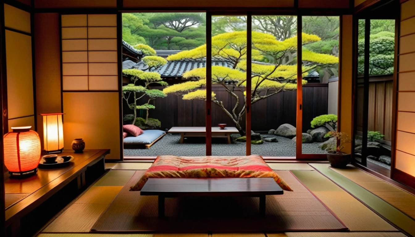 The picture shows a cozy Japanese bedroom with large windows offering views of a beautiful, dimly lit garden AND a garden filled with FLOWERS. CINEMATIC, gloomy, cloudy atmosphere outside JAPANESE HOUSE, This room has tatami floors, shoji doors and minimalist wooden furniture. A futon sat on the floor next to a low table with a burning lamp. Through the open shoji door, we can see a garden decorated with large stones in the shape of a Japanese house, and lots of flower gardens in the garden. The bed was unmade with rumpled sheets, indicating only a light sleep. looks dim, gloomy. Beside the bed there is a small table with a classic lamp burning which radiates warm light into the room. Outside the window you can see lush greenery on the terrace or balcony area, rain is falling, there is a cup of coffee depicting warmth, and candles, creating a calm and peaceful atmosphere. with fog obscuring part of the view in the distance. The contrast between the warmth indoors and the rain outdoors creates an inviting and calming atmosphere