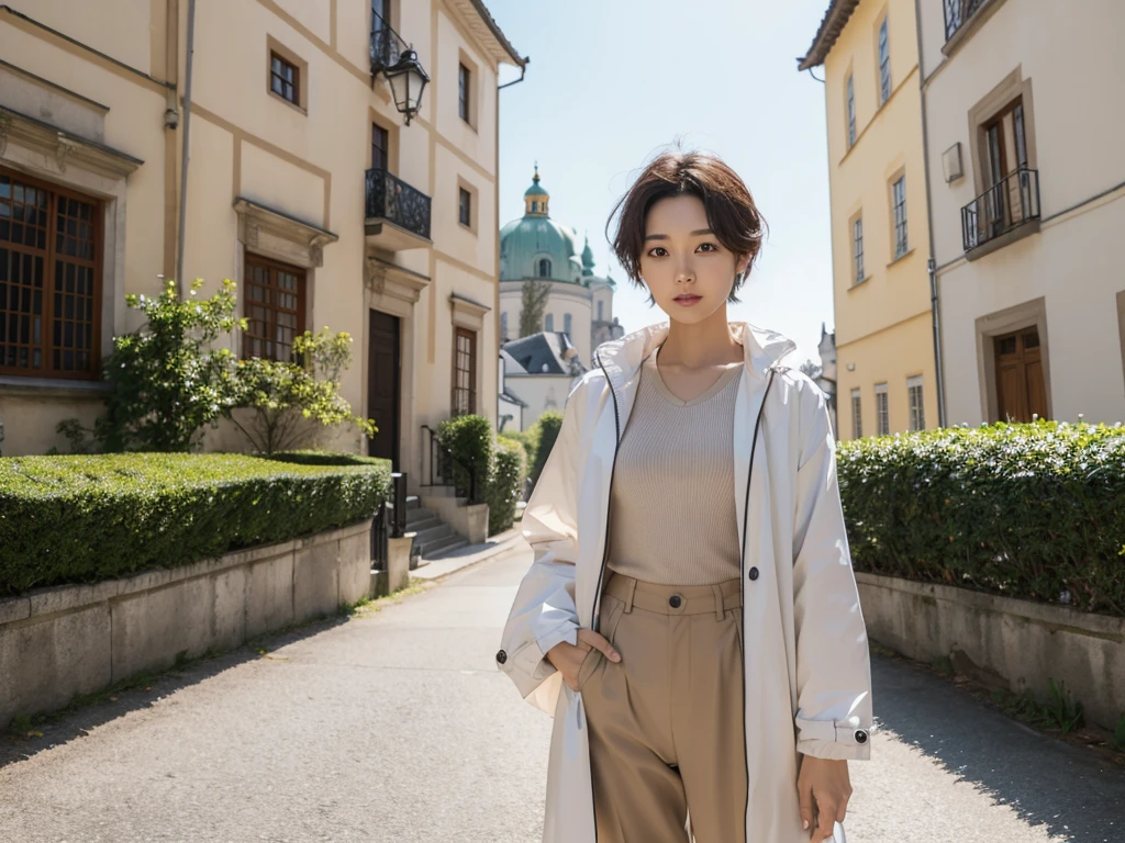 high quality, 1 woman, ((36-year-old healthy Korean woman)), ((36 years old)), 1 woman, ((slim)), ((short medium hair)), pose: standing, Myungpum Brand Windbreaker Jacket, light trench coat, casual pants, background:Your residence is a baroque townhouse with a plaster façade and wrought iron railings.., Overlooking the Salzach River and Hohensalzburg Fortress, 1 woman