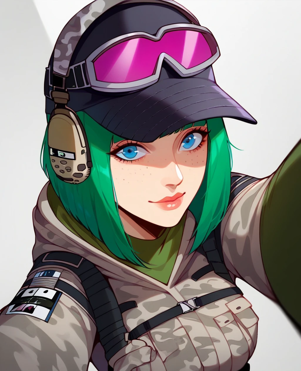 Ela, ela elite \(Rainbow Six Siege\),ela, ela \(Rainbow Six Siege\  score_9, score_8_up, score_7_up, Expressiveh, ultra detailed, 1girl, solo, cute, delicated and beautiful face, medium breasts, thin waist, ela, jacket, leggings, latex legwear, fingerless gloves, military uniform, camouflage, baseball cap, goggles on headwear, (pov:0.9), selfie pov, holding with one hand