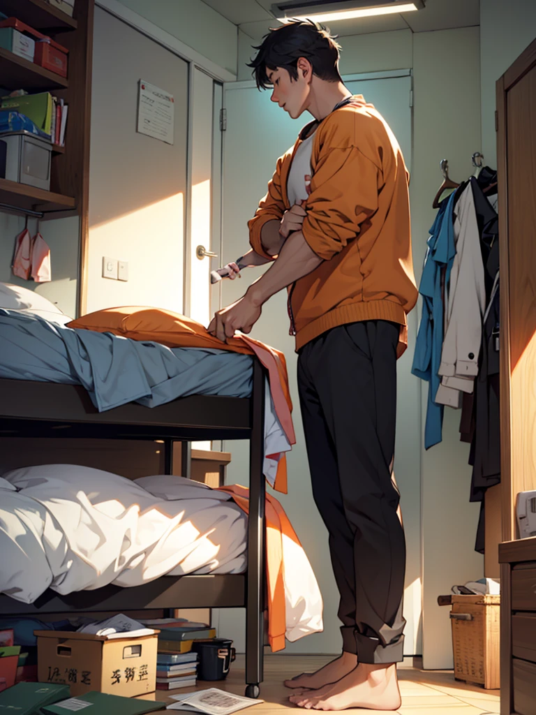A working adult who wakes up in the morning and seems to be saving time。