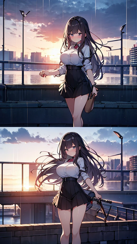 One girl, 18-year-old, Mix 4, (32k, RAW Photos, Highest quality, masterpiece:1.2), (Anime-like, photoAnime-like:1.37), cute, night, rain, Humidity, Professional Lighting, Photon Mapping, Radio City, Physically Based Rendering, Super Resolution, (Bouncing Big Breasts:1.2), {{A weaponized organism escapes from a laboratory and preys on girls in the city, taking on a human form.}}, The bones of a girl he had preyed on were lying at his feet., Scene of predation and substitution, NSFW