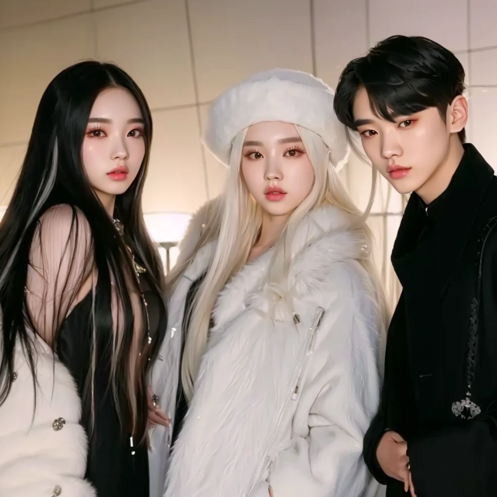 three young people posing for a picture in a white fur coat, ava max, profile pic, luts, jia, xision wu, yanjun chengt, ulzzang, with long white hair, 3 heads, 😭 🤮 💕 🎀, exophilia, # oc, #oc, kpop, blackpink, with white long hair