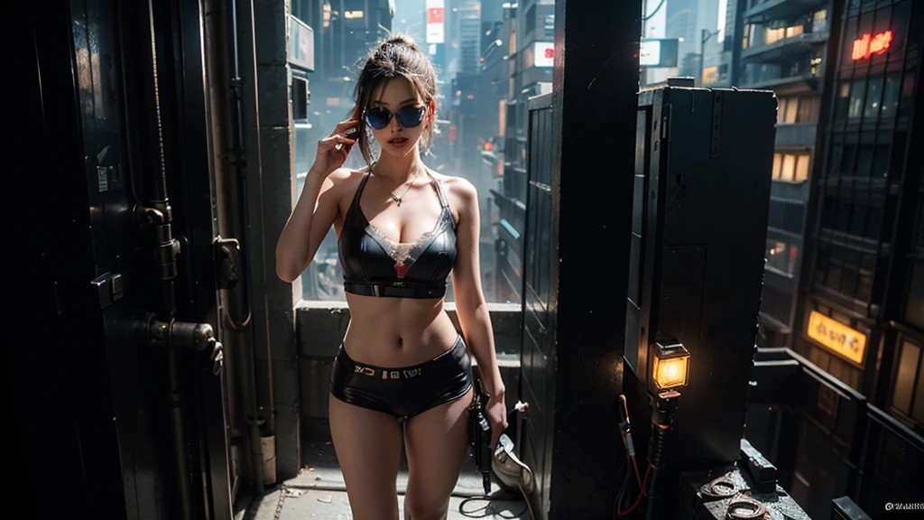 (masterpiece:1.1), hi-res, 4k, photorealistic, ((aerial view cyberpunk city)), at dark night. (((((1girl, solo, alone))))), large-breast:1.2 slim body, cleavage:1.1, sexy clothes, (headphone, black sunglasses), (((standing and holding pistol pose))), half-body thigh level medium shot, cinematic lighting, lens flare, ray tracing.