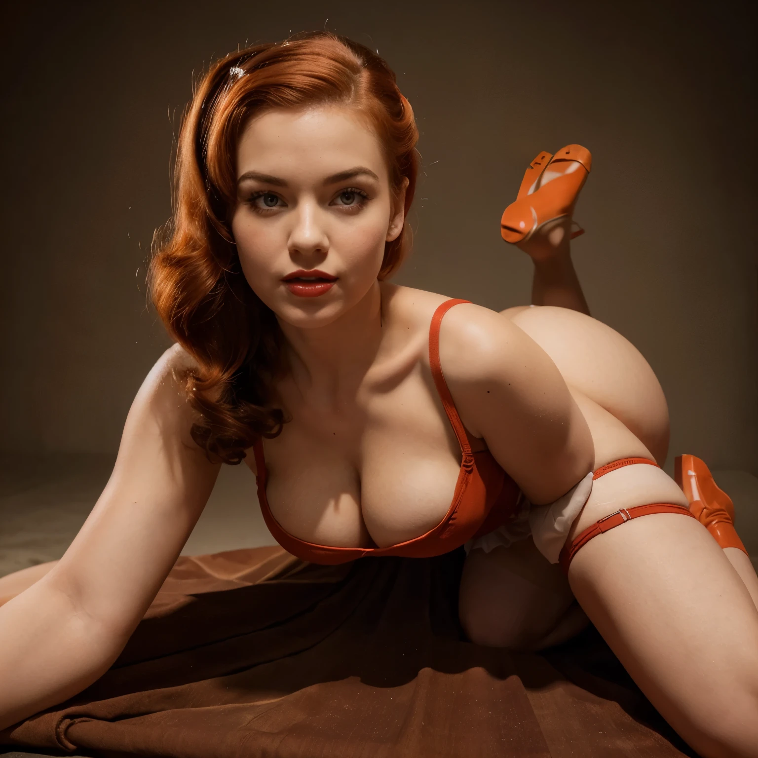 Ultra-high resolution The girl standing, full body, leaning forward, adding mystery and sexuality. Total length. The 1950s style dress, complete with full skirt and petticoat, a red bandana on her head, and red stockings on her legs. ((((girl bends down on her legs.)))) stands leaning forward in the style of pin-up posters, her skirt rides up greatly and exposes her legs, The photo is taken in pin-up style. emphasizing the retro-USA vibe. Her 1950s pin-up hair and open mouth create the image of a glamorous girl. a girl (redhead, white redhead woman, orange hair, wavy red hair, thick legs, big ass, big breasts) holds a flying dress in pin-up style, her legs are visible and tempting overlapping, strong pose. The model has a pin-up style with hair styled in victory rolls, associated with Lake Veronica. She has full and sensual red lips, portraying an American housewife, against a single-color background, Ultra-high resolution in stock photography style. The dress is minimalist in large 1950s-style checks, using a garter belt, pantyhose, complete with a full skirt and petticoat, a red bandana on her head, and red stockings on her legs. The photo is made in pin-up style. emphasizing the retro-USA vibe. Her 1950s pin-up hair and open mouth create the image of a glamorous girl. simple studio background