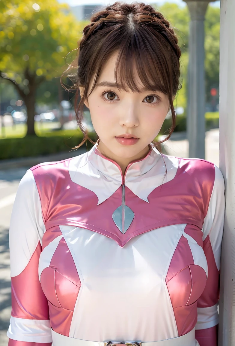 ((Pink Ranger, Same as V1)), One girl, Beautiful 20 year old Japanese woman, Angelic, Cute Face,
Beautiful fine details,
(Big eyes:1.3),Long eyelashes,
See-through bangs,
(Beautiful and exquisite face and eyes:1.4),
Beautiful short black hair, Beautiful smile,
(highest quality:1.2),
RAW Photos,
High resolution,
Perfect detail,
Professional photography,
Professional Lighting, (Metallic Coral Magenta and White Hero Suit:1.3), Ultra tight fitting bodysuit, belt, Huge breasts, Beautiful feet, Strong lighting in bodysuit,at the park, Sexy appearance:1.2, Half Body Portrait