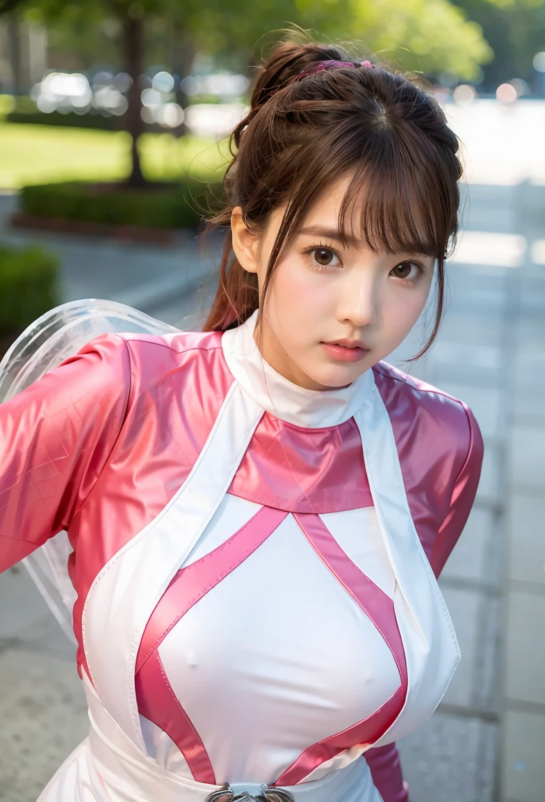 ((Pink Ranger, Same as V1)), One girl, Beautiful 20 year old Japanese woman, Angelic, Cute Face,
Beautiful fine details,
(Big eyes:1.3),Long eyelashes,
See-through bangs,
(Beautiful and exquisite face and eyes:1.4),
Beautiful short black hair, Beautiful smile,
(highest quality:1.2),
RAW Photos,
High resolution,
Perfect detail,
Professional photography,
Professional Lighting, (Metallic Coral Magenta and White Hero Suit:1.3), Ultra tight fitting bodysuit, belt, Huge breasts, Beautiful feet, Strong lighting in bodysuit,at the park, Sexy appearance:1.2, Half Body Portrait
