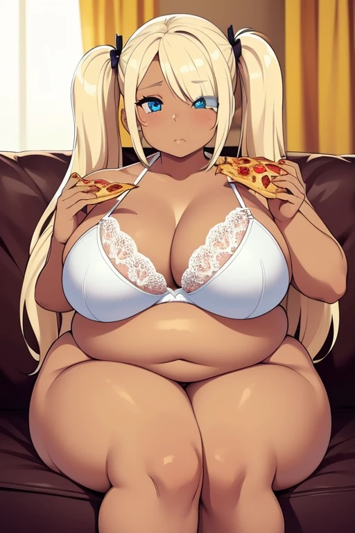 masterpiece, best quality, 1 girl, gyaru, (white bra), (white panties),(dark skin), (blonde hair),(long hair), (twintails),(blue eyes),((hair covering one eye)), (makeup),, (sitting on couch), (eating pizza), (obese :1.3)