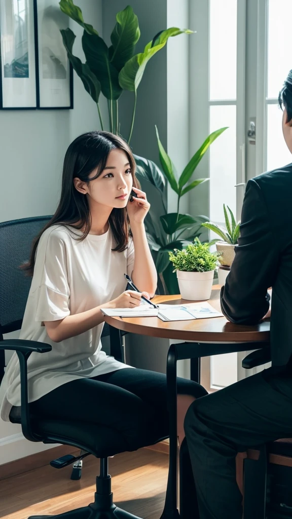 A relaxed counselling room。Soft lighting and comfortable chairs。A professional counselor sits in a chair、Listening intently to the client。The counselor has a notebook and pen.、Nodding sympathetically。The client sits in the chair opposite、As if they were talking seriously、Have a relaxed posture。Between them is a small table with a tissue box and a glass of water on it.。The background features muted artwork and potted plants.。