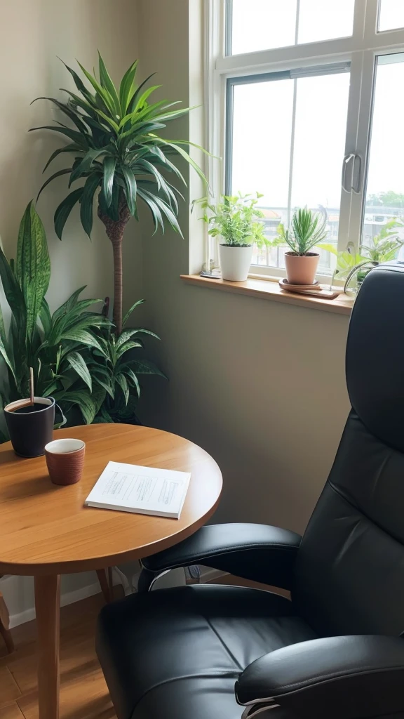 A relaxed counselling room。Soft lighting and comfortable chairs。A professional counselor sits in a chair、Listening intently to the client。The counselor has a notebook and pen.、Nodding sympathetically。The client sits in the chair opposite、As if they were talking seriously、Have a relaxed posture。Between them is a small table with a tissue box and a glass of water on it.。The background features muted artwork and potted plants.。