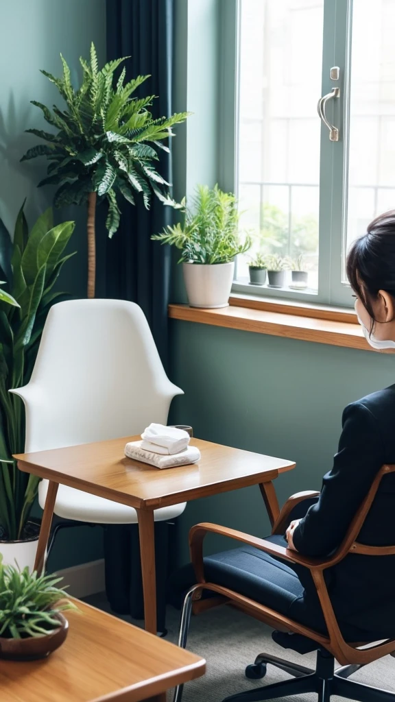 A relaxed counselling room。Soft lighting and comfortable chairs。A professional counselor sits in a chair、Listening intently to the client。The counselor has a notebook and pen.、Nodding sympathetically。The client sits in the chair opposite、As if they were talking seriously、Have a relaxed posture。Between them is a small table with a tissue box and a glass of water on it.。The background features muted artwork and potted plants.。