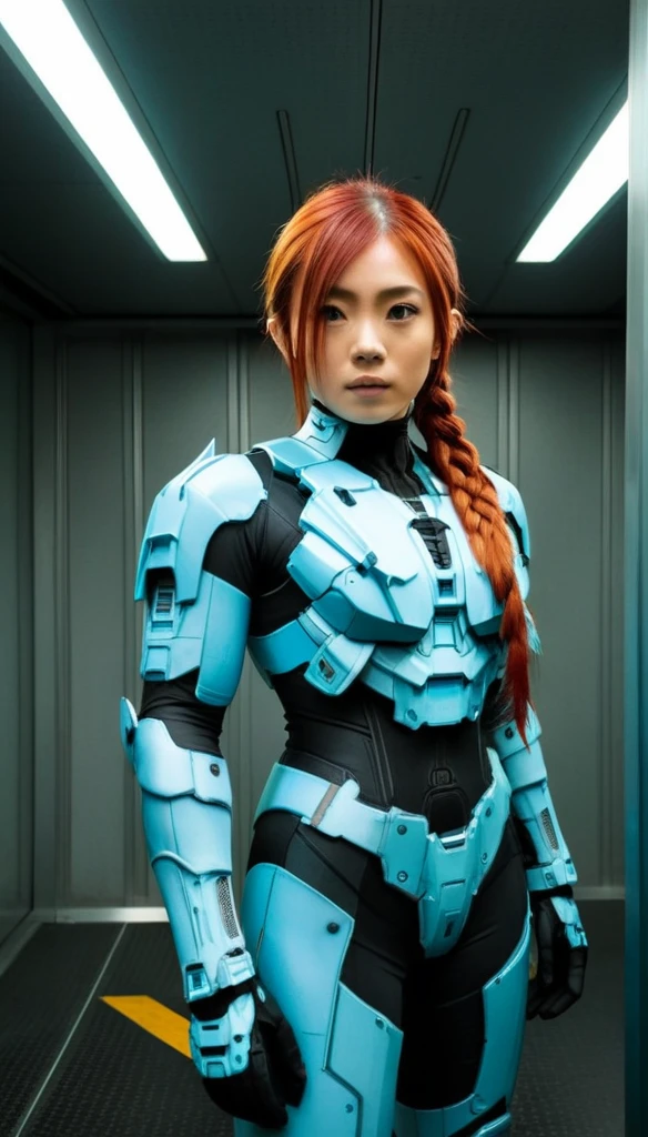 1 Girl、Medium Bust、solo、red Hair、Braid、Mobile Race Suit、Shoulder Armor、ceiling、Wide Shot、Looking Ahead、zipup suit 、Closed Mouth、Highest quality、medium quality、22 years old、Mobile Trace System、cockpit、Asian、CyborgCosplay

