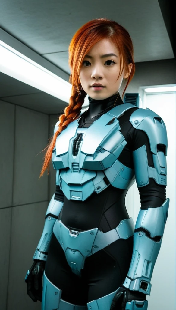 1 Girl、Medium Bust、solo、red Hair、Braid、Mobile Race Suit、Shoulder Armor、ceiling、Wide Shot、Looking Ahead、zipup suit 、Closed Mouth、Highest quality、medium quality、22 years old、Mobile Trace System、cockpit、Asian、CyborgCosplay

