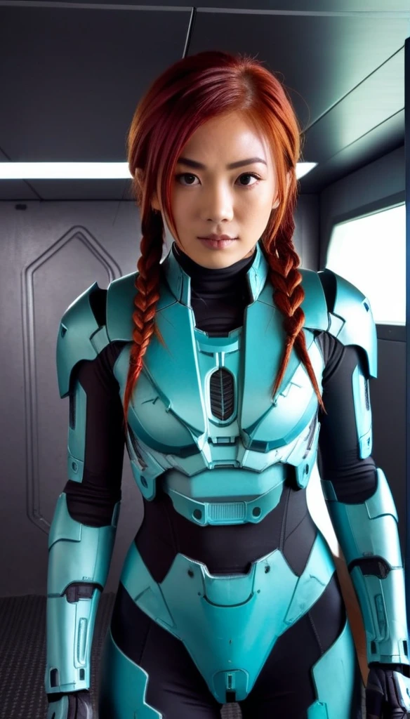 1 Girl、Medium Bust、solo、red Hair、Braid、Mobile Race Suit、Shoulder Armor、ceiling、Wide Shot、Looking Ahead、zipup suit 、Closed Mouth、Highest quality、medium quality、22 years old、Mobile Trace System、cockpit、Asian、CyborgCosplay

