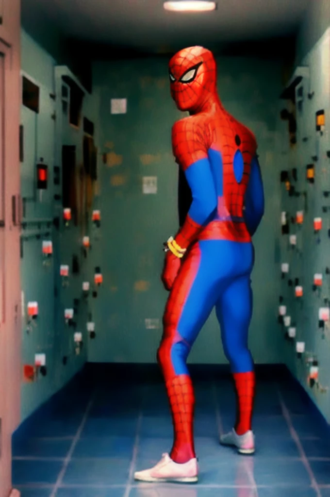 a hulking sexy men wearing a red and blue spiderman, at a lockers room, and showing his butt to viewer and looking very horny and sexy