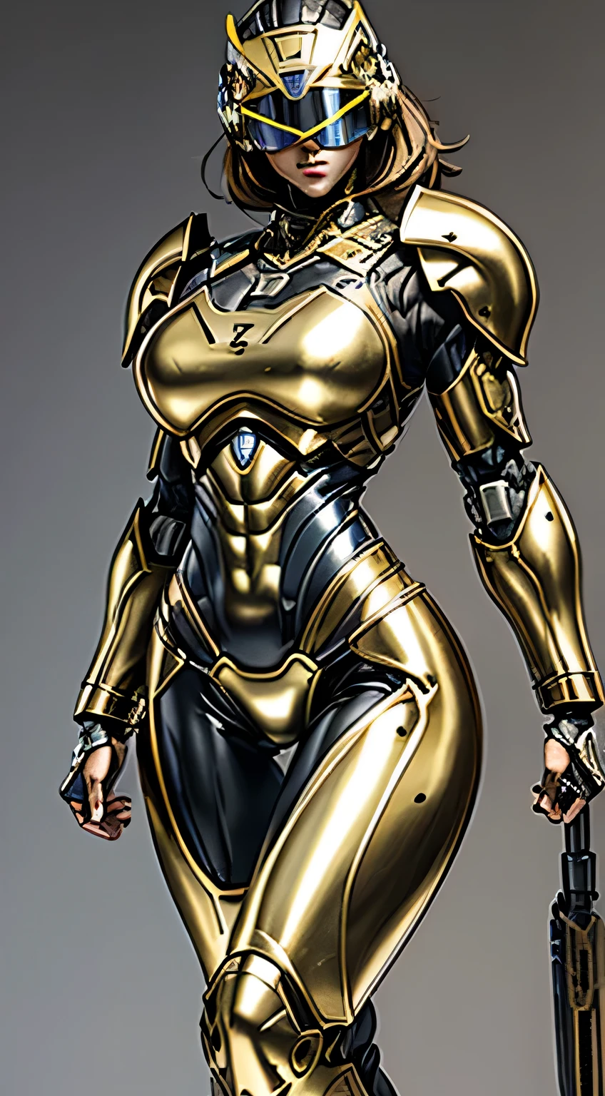 Female Robocop Solo、Bright outdoors、strong light source、8K, high quality, masterpiece, 最high quality, Crisp contrast、Very detailed、Full body armor、Very large armor、Helmet covering the head、Clear photos、The eyes are hidden by thin, translucent straight goggles.:1.3、The lower half of the face is raw々Shii:1.5、The lower half of the face is exposed、Seductive lips、Light yellow metallic armor、Black accent color、Armor that completely covers the chest、Long, slender legs、Vibrant Posselo Body View,Big and ample breasts:1.5, (Sports Body:1.5)、Five Fingers、Hold a handgun、In the city