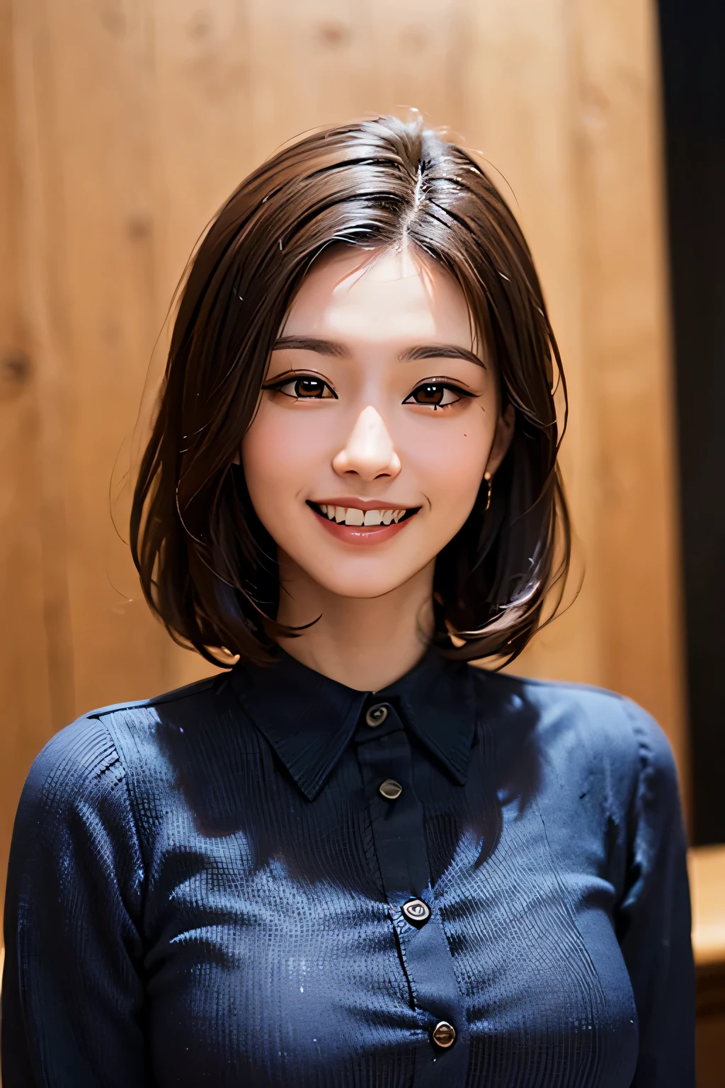 ((masterpiece)), ((Highest quality)), ((Complex)), ((Surreal)), (Realistic), (Mature Woman), ((There are no classes)), Very detailed, (1 female), Beautiful and exquisite, (Beautiful Teeth), Grin, Brunette Bob Hair, Brown eyes, ((blouse)), (Upper Body), (background:none), Perfect Eyes, Captivating eyes, Looking at the audience