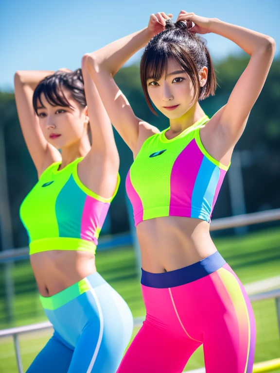 Best quality 8k resolution Ultra detailed Bright neon colored competition sportswear Serious facial expression Two cute women Abs Arms up Very short hair High waisted tights Flat chest Japanese Sharp focus Track and field club Very short hair 27 years old Sweating