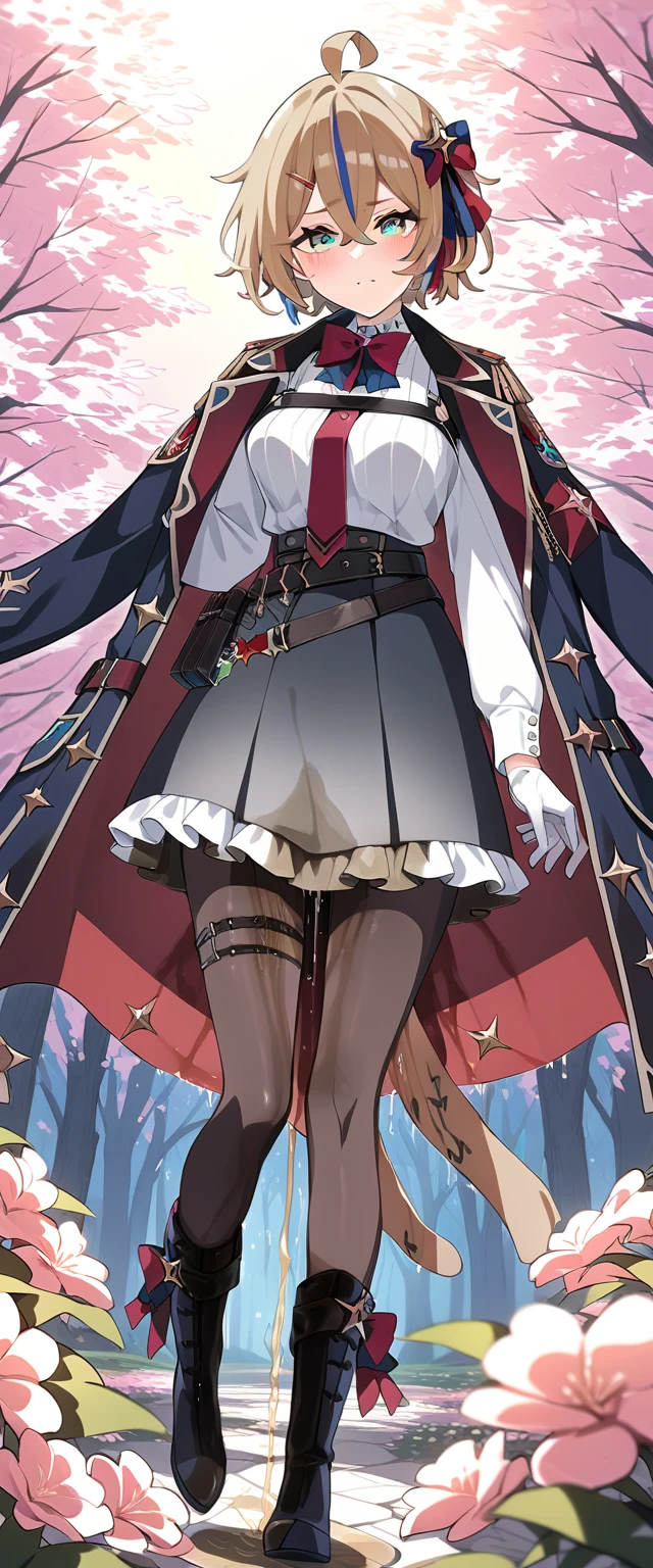 (masterpiece:1.37), best quality, (extremely detailed:1.37), 1girl, blue eyes, short hair, brown hair, hair between eyes, medium breasts, gloves, pantyhose, red necktie, black gloves, black pantyhose, black footwear, bandages, jacket, long sleeves, thigh strap, coat on shoulders, black jacket, choker, white gloves, white shirt, boots, black coat, black cape, cape, bandaged arm, (extremely detailed eyes:1.37), (wetting self:2.0), desperation, standing, embarrassed, humiliation, blushing, angry, cherry blossoms, garden, (golden hour:1.5), full body