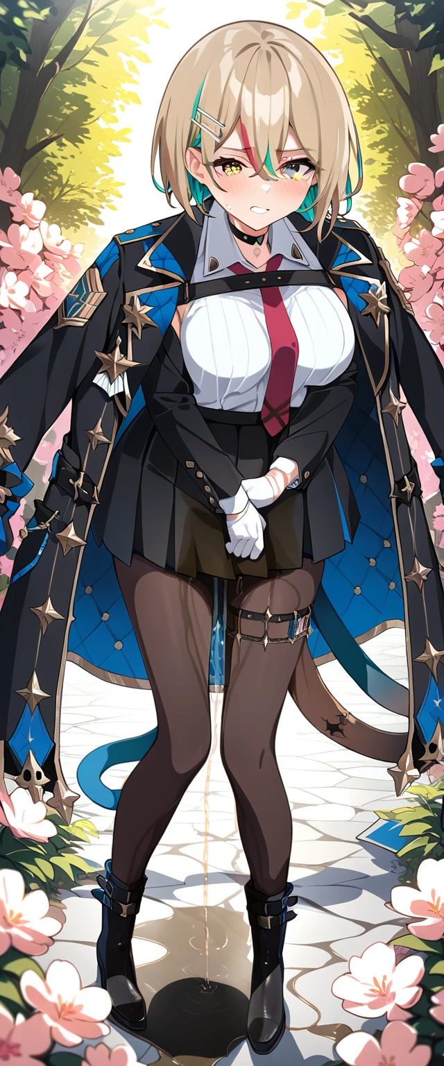 (masterpiece:1.37), best quality, (extremely detailed:1.37), 1girl, blue eyes, short hair, brown hair, hair between eyes, medium breasts, gloves, pantyhose, red necktie, black gloves, black pantyhose, black footwear, bandages, jacket, long sleeves, thigh strap, coat on shoulders, black jacket, choker, white gloves, white shirt, boots, black coat, black cape, cape, bandaged arm, (extremely detailed eyes:1.37), (wetting self:2.0), desperation, standing, embarrassed, humiliation, blushing, angry, cherry blossoms, garden, (golden hour:1.5), full body