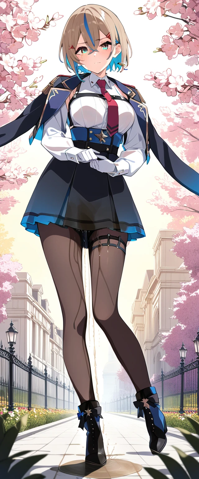 (masterpiece:1.37), best quality, (extremely detailed:1.37), 1girl, blue eyes, short hair, brown hair, hair between eyes, medium breasts, gloves, pantyhose, red necktie, black gloves, black pantyhose, black footwear, bandages, jacket, long sleeves, thigh strap, coat on shoulders, black jacket, choker, white gloves, white shirt, boots, black coat, black cape, cape, bandaged arm, (extremely detailed eyes:1.37), (wetting self:2.0), desperation, standing, embarrassed, humiliation, blushing, angry, cherry blossoms, garden, (golden hour:1.5), full body