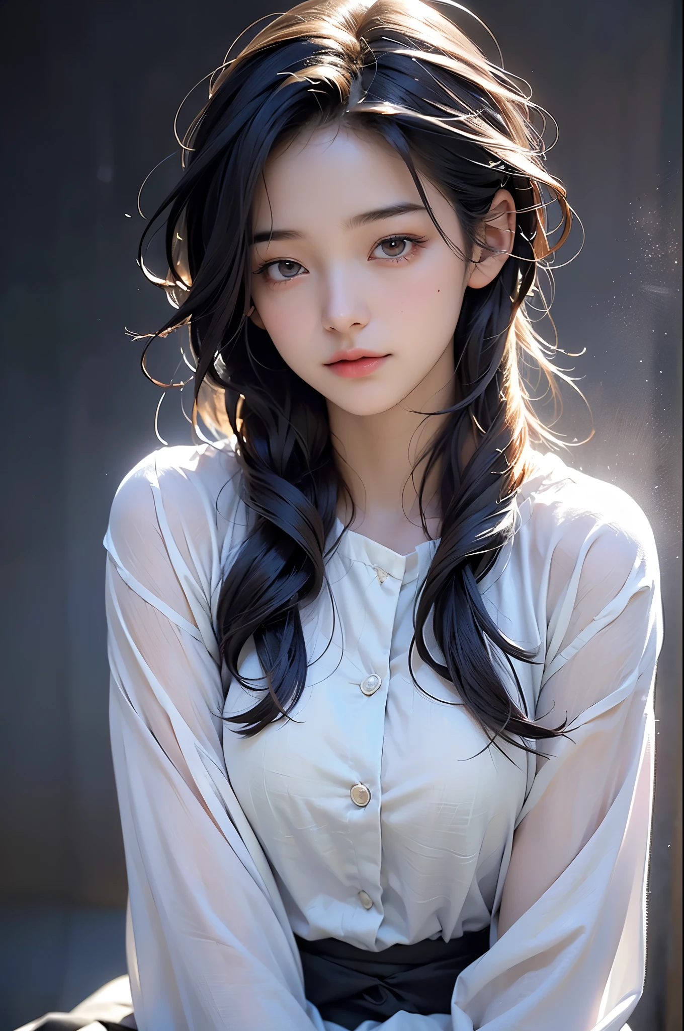 16 year old female student, Looking at the audience, Ethereal Background, (dramaticangle, Dynamic poses), (Like a dream:1.3), (Fine mist:1.1),(Vibrant colors:1.2), (Detailed hair:1.3), (Ultra-realistic details:1.5),