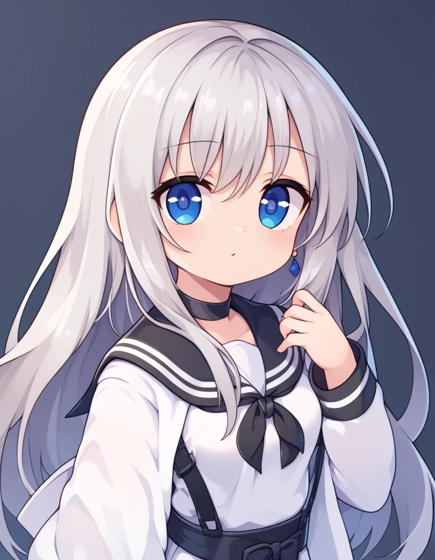 score_9, score_8_consolation, score_7_consolation,1 woman, blue eyes, silver hair, white cloak, white long skirt, choker,long hair, long sleeves, looking at viewer,Shut your mouth, sailor collar, white shirt,skirt,  alone, black vest , blue earrings, soft eyes, Timid,quiet