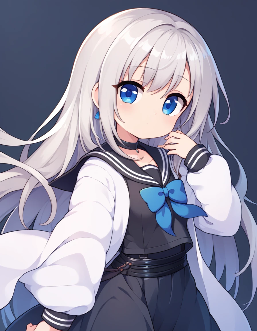 score_9, score_8_consolation, score_7_consolation,1 woman, blue eyes, silver hair, white cloak, white long skirt, choker,long hair, long sleeves, looking at viewer,Shut your mouth, sailor collar, white shirt,skirt,  alone, black vest , blue earrings, soft eyes, Timid,quiet