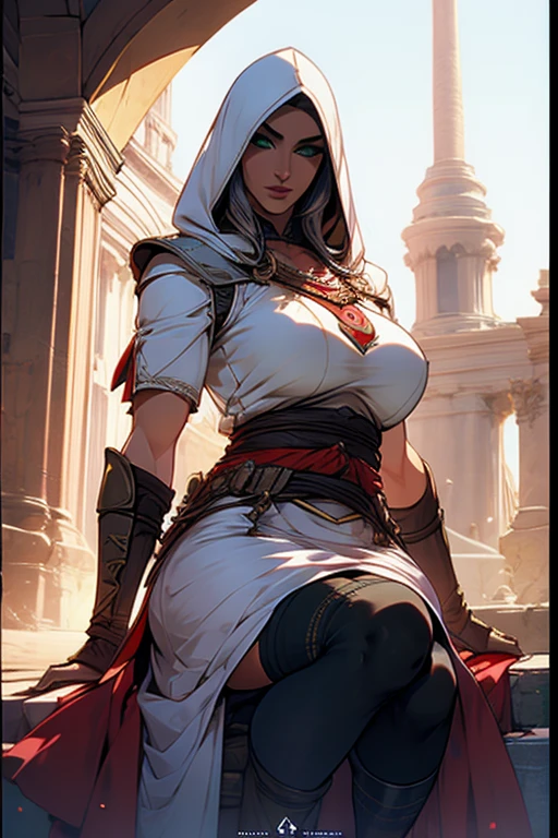 The woman, Altaïr's suit boots to the knee, Bracelets on the legs, socks, stockings, Jerusalem in the background, ((evening, night)), very detailed, Realistic long-term photography, 4k, (((short hair, brown hair))), ((hood, hood)), ((shocks, garagantilla)),bracelet, sexy, dark skin, brown eyes, big breasts, big breasts, pussy, NSFW, +18