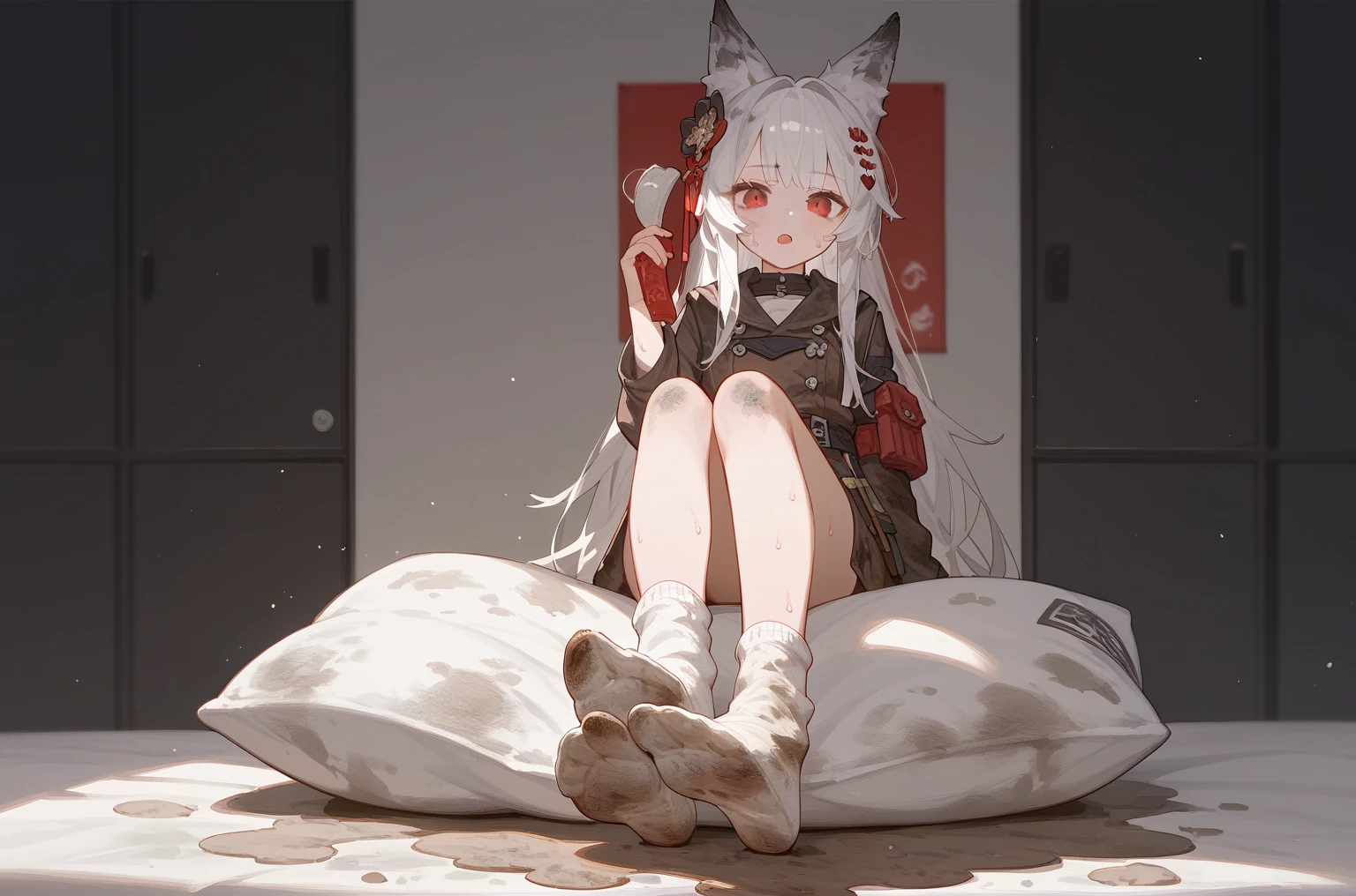 1 girl,dirty,foot,foot底,Red Eyes,breast,solitary,Long hair,White hair,,foot趾,foot部焦点,Looking at the audience,sit,Sweat,open mouth,dirty foot,Keep,indoor,Pillow,Bangs,White knee socks,Fox ears,There'foot的泥土,White clothes,kimono,Japanese style,dirtyPillow,dirty床,女孩周围堆满Pillow,女孩踩踏2着Pillow,大量Pillow,Pillow上肮脏,,(Deluxe Rococo Canopy King Bed),On a big and spacious bed,(),,,,Luxurious curtains with ornate ruffles and ribbons surround the bed,((((There are many pillows piled on the bed)))),Detail of Quilt,Detailed bed sheets,女孩踩在Pillow上