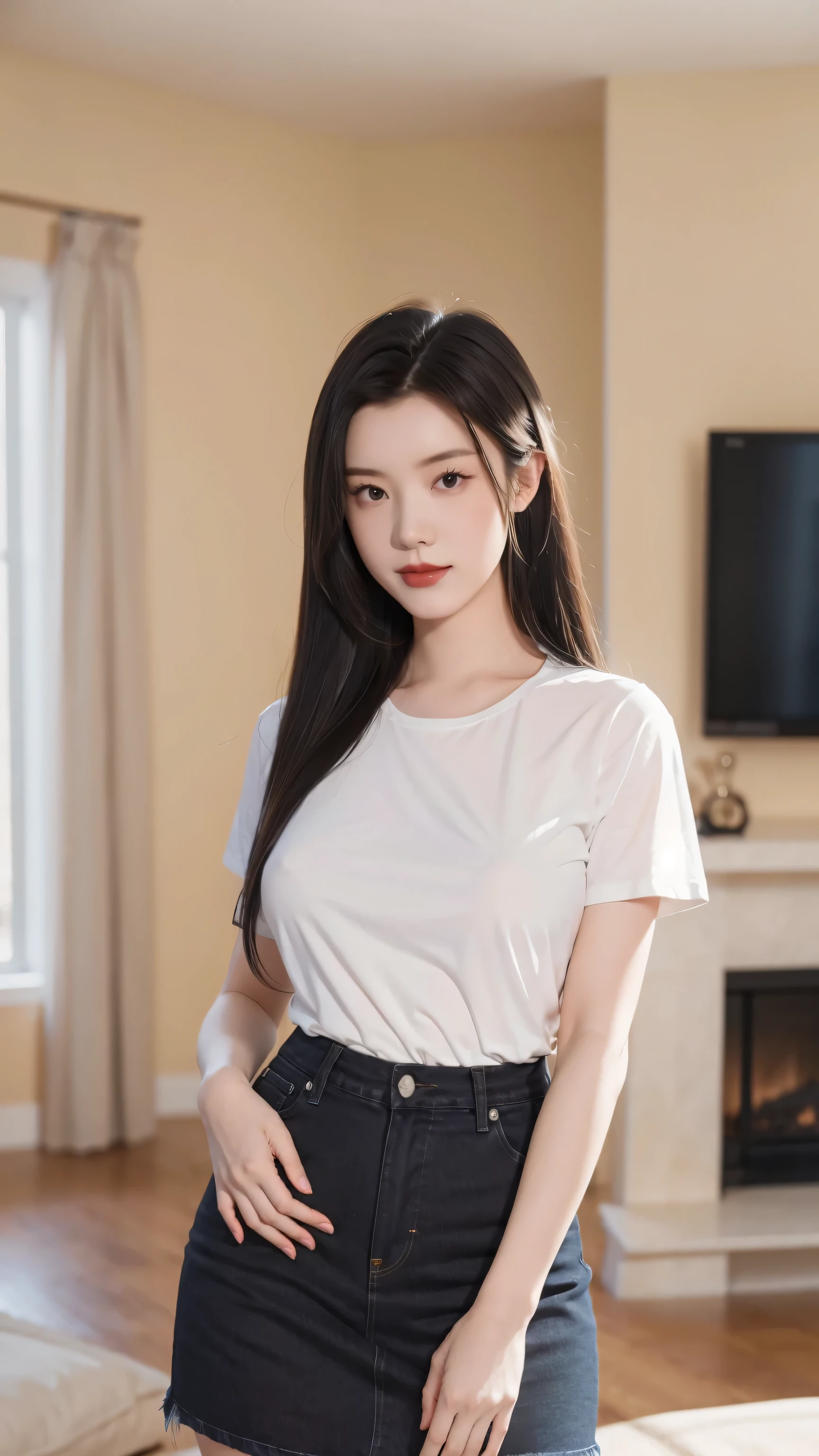 ((Realistic photo, Best quality, 8K, Masterpiece: 1.3)), (raw photo:1.2), Hyperrealist portrait gorgeous Beautiful Chinese girl, 18 years old, Perfect Figure, pretty body, (beautiful flat breasts: 1.2), very detailed eyes and face, (lustfully naughty face, crimson red lip, heavy makeup: 1.3, blushing), beautiful detailed eyes, seductive sharp eyes, (charming smile: 1.1), white skin, photo realistic, very detailed face, ((modern white t-shirt, black denim pleated skirt: 1.2)), (long legs: 1.2, beautiful long nails), loose curls hairstyle, ((standing pose)), (living room background)