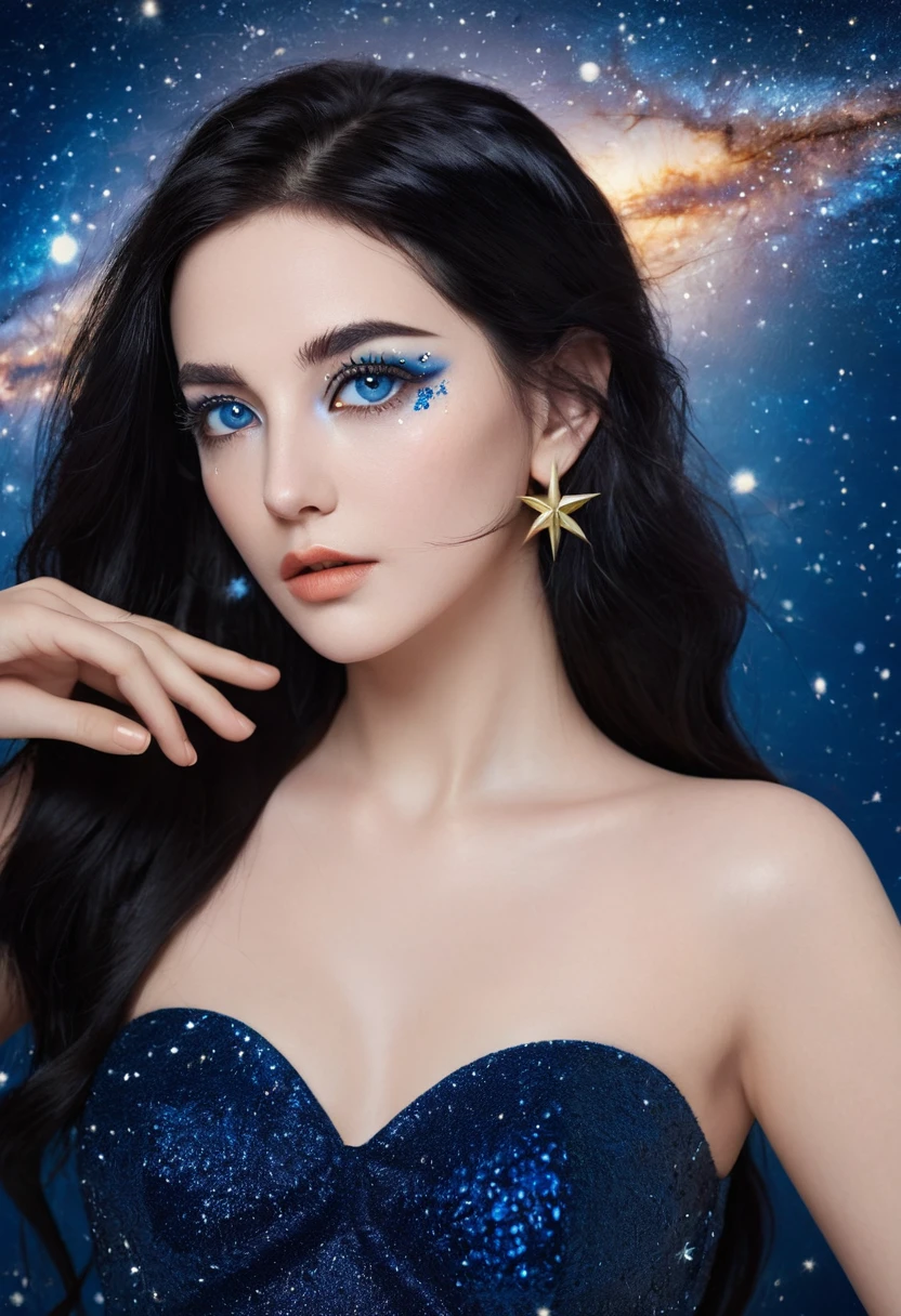 ( high quality , Extremely detailed, careful hand )Constellation-Sagittarius Goddess , Similar to Latin goodness . optimistic, fair, Funny and intelligent face . reckless, Ruthless, impatient, Overconfident style . Deep blue eyes (Eye details) , Dark blue hair，shining , Transparent dress , In the starry sea , whole body , Fire Makeup , Chiron