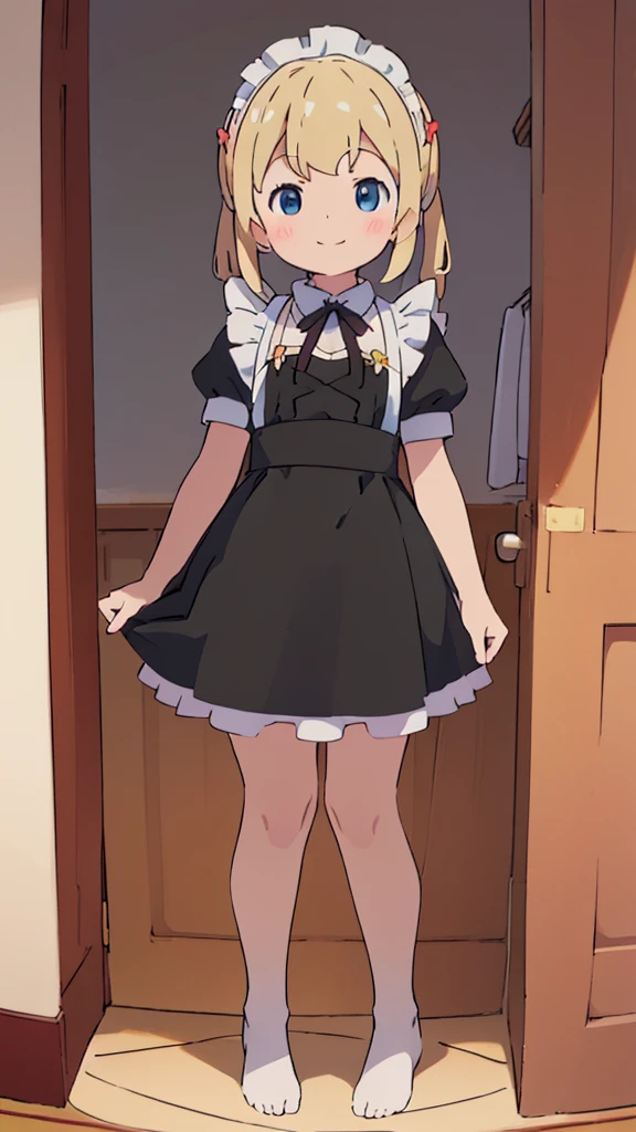 ((masterpiece))((Highest quality))girl、smile、blush、Flat Chest、Are thin、Blonde Hair、blush、Are standing、Whole body image、Eye level to the feet、front、No background、真frontのアングル、A black maid outfit full of frills、Twin tails、Angle where you can see inside the skirt、Fisheye Lens