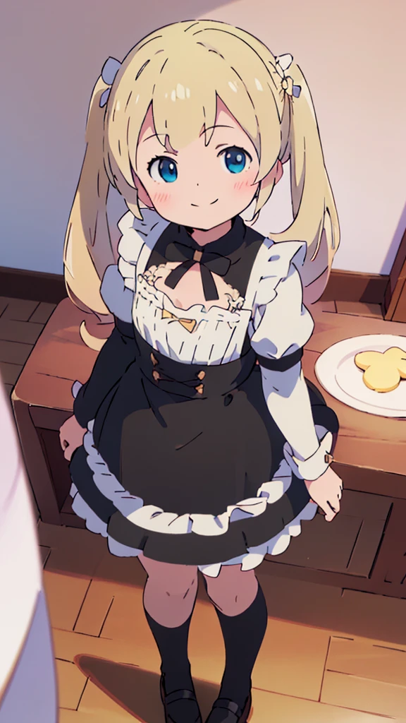 ((masterpiece))((Highest quality))girl、smile、blush、Flat Chest、Are thin、Blonde Hair、blush、Are standing、Whole body image、Eye level to the feet、front、No background、真frontのアングル、A black maid outfit full of frills、Twin tails、Angle where you can see inside the skirt、Fisheye Lens