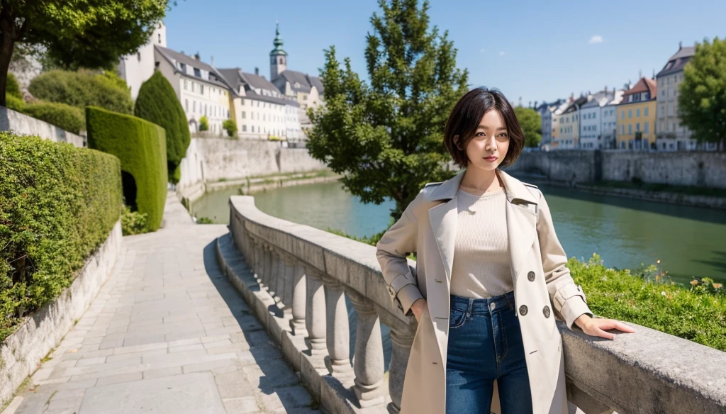 high quality, 1 woman, ((36-year-old healthy Korean woman)), ((36 years old)), 1 woman, ((slim)), ((short medium hair)), pose: standing, Myungpum brand knit sweater, light trench coat, casual pants, background:Your residence is a baroque townhouse with a plaster façade and wrought iron railings.., Overlooking the Salzach River and Hohensalzburg Fortress, 1 woman