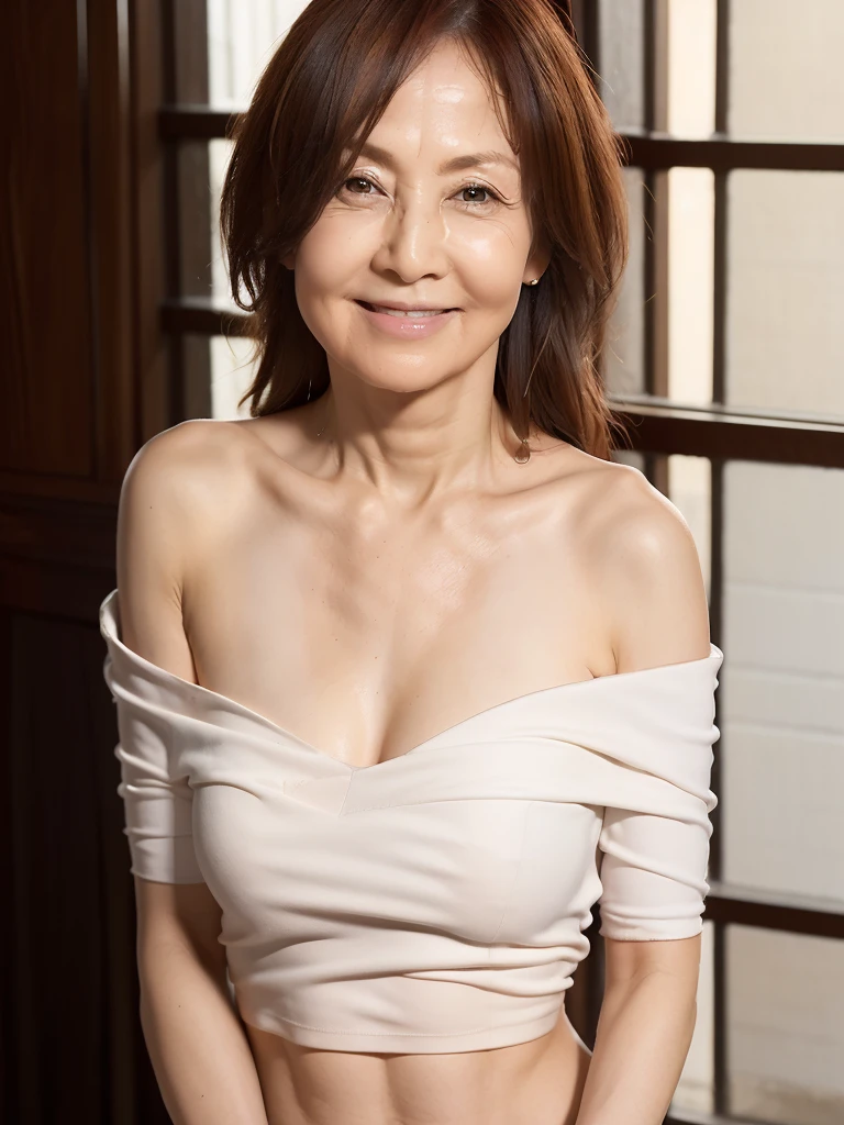 ((Highest quality, 8K, Ultra-high resolution)), ((masterpiece: 1.3)), (Perfect appearance), (Photorealism: 1.6), (JMA), (KE), (Mature Woman:1), ((Portraiture:1.5)), Cross Arm, Wet white shirt, melancholy, In the room. 60 year old asian woman wearing old thin shirt with high V, ((Realistic skin texture)), (Fine wrinkles appear all over the skin, Dullness, Unmoisturized skin, Wrinkles around the eyes, double eyelid, Lower eyelid tear sulcus, Dimples), Slightly parted lips, Smiling Kindly,The shirt is open at the chest, Her shirt is hanging off one shoulder, I don't even wear underwear.,