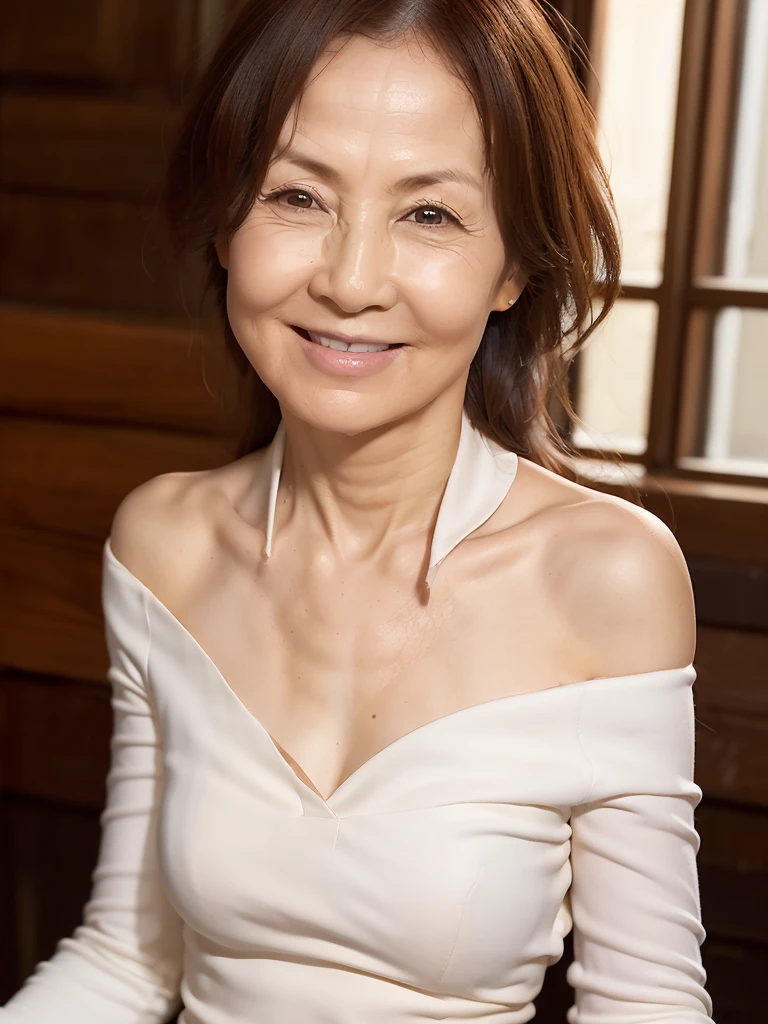 ((Highest quality, 8K, Ultra-high resolution)), ((masterpiece: 1.3)), (Perfect appearance), (Photorealism: 1.6), (JMA), (KE), (Mature Woman:1), ((Portraiture:1.5)), Cross Arm, Wet white shirt, melancholy, In the room. 60 year old asian woman wearing old thin shirt with high V, ((Realistic skin texture)), (Fine wrinkles appear all over the skin, Dullness, Unmoisturized skin, Wrinkles around the eyes, double eyelid, Lower eyelid tear sulcus, Dimples), Slightly parted lips, Smiling Kindly,The shirt is open at the chest, Her shirt is hanging off one shoulder, I don't even wear underwear.,