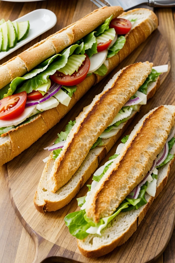 Long sandwich in breaded chicken baguette bread with cheese slice, crispy lettuce, tomato and onion