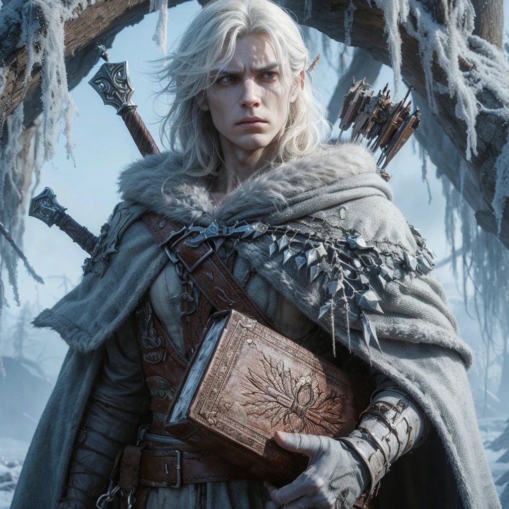 Use this reference image to create a fight scene for this character against 4 undead, and two of them are trapped by a skeletal hand, the character advances towards one of them with a dagger in his hand