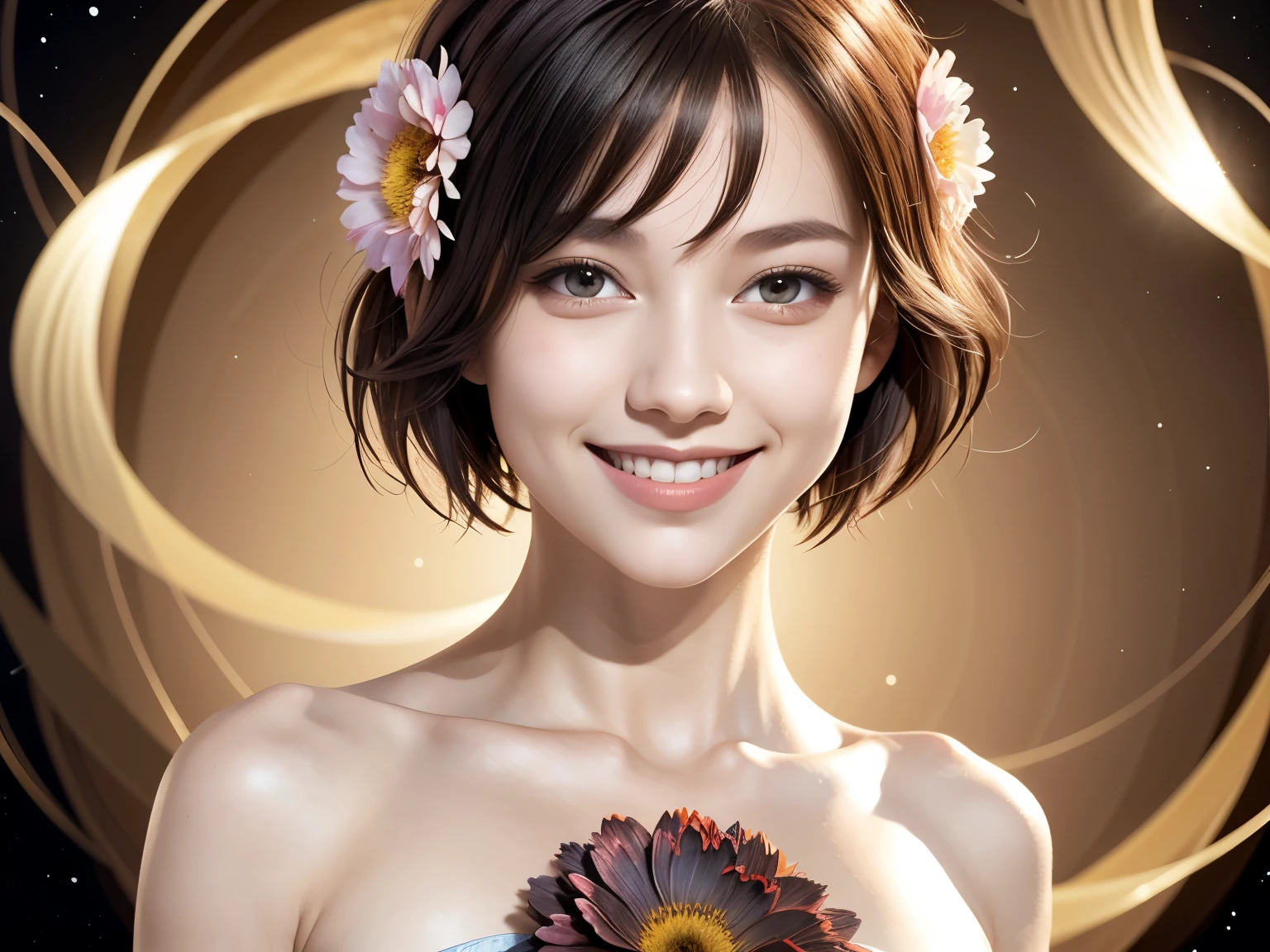 257 20-year-old female, (short hair),(Abstract background,Fractal Art), smile, flower