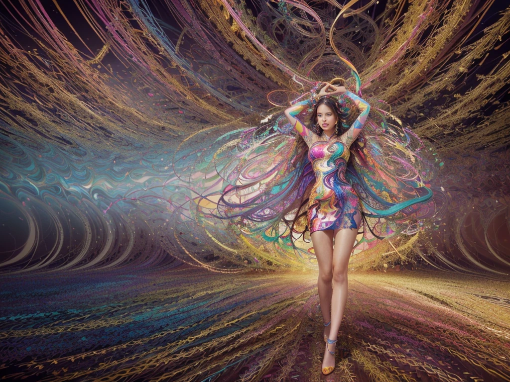 (work of art, maximum quality, best qualityer, offcial art, beautiful and aesthetic:1.2), (1 girl:1.3), extremely detaild,(Fractal Art:1.1),(colorfully:1.1),More Detailed,(tangle:1.2), (dynamic pose), (abstract background:1.5), (Japanese dress:1.2), (shining skin), (many colors:1.4), ,(aretes:1.4), sexly