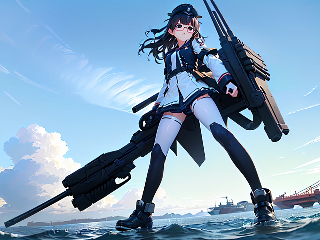 (((masterpiece, Vision))), ((((Full body of a woman with perfect flat chest、1 Female、solo、Short unkempt black hair、Tie your messy hair at the nape of your neck、white military jacket、Miko costume、black tights、Black glasses are black、White military cap、Cloudy black eyes、Confused eyes、Junyo-inspired emblem、Ship-style boots)))), (((Shipgirl))), ((Floating on the morning sea with both feet)), (Standing with your legs apart)), Aim, (Hold the shotgun turret grip with your right hand), (Four mechanical tentacles covered in white armor extend from its back.), (Holding a shotgun with metal tentacles), (Equipped with a bridge on the back), (His left arm holds the grip of a triple-barreled shotgun),