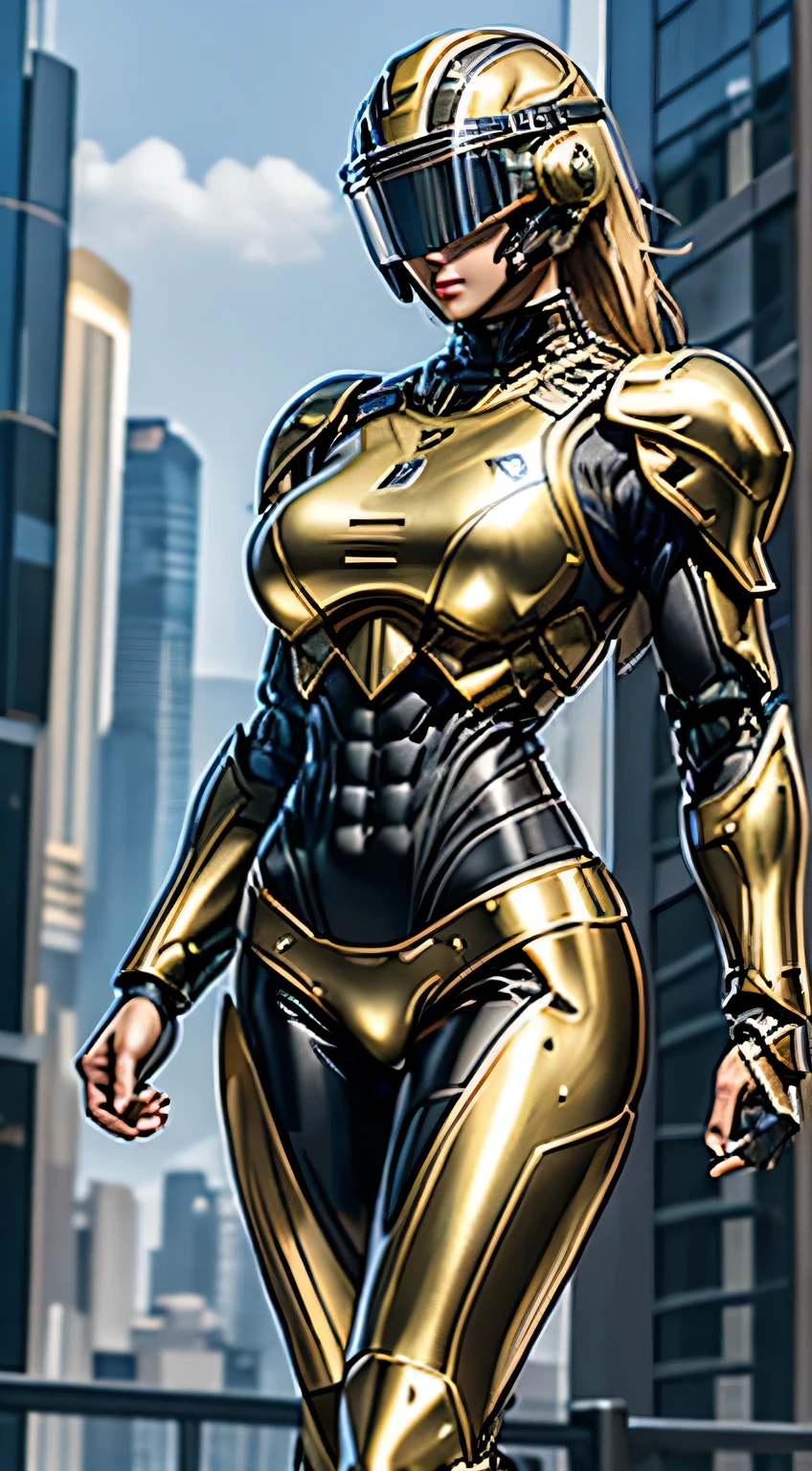 Female Robocop Solo、Bright outdoors、strong light source、8K, high quality, masterpiece, 最high quality, Crisp contrast、Very detailed、Full body armor、Very large armor、Helmet covering the head、Clear photos、The eyes are hidden by thin, translucent straight goggles.:1.3、The lower half of the face is raw々Shii:1.5、The lower half of the face is exposed、Seductive lips、Light yellow metallic armor、Black accent color、Armor that completely covers the chest、Long, slender legs、Vibrant Posselo Body View,Big and ample breasts:1.5, (Sports Body:1.5)、Five Fingers、Hold a handgun、In the city
